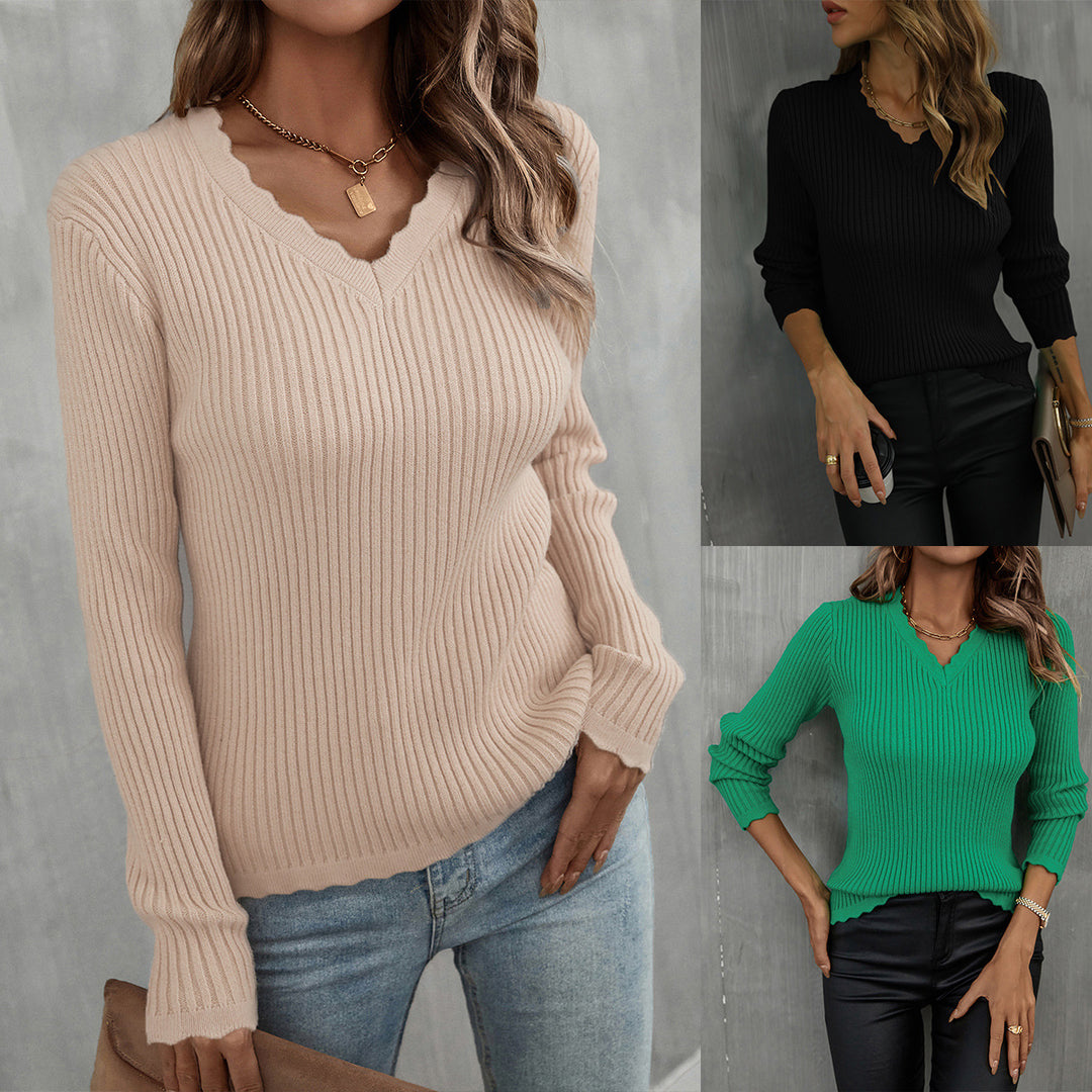 Kvinders V-hals ribbet sweater med bølgekant Stilla