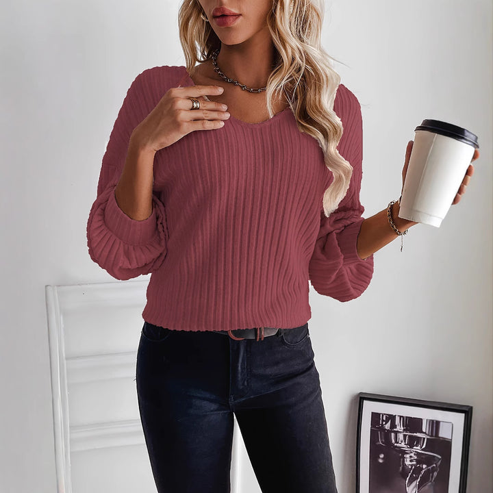 Dame afslappet ribpullover med V-hals Stilla