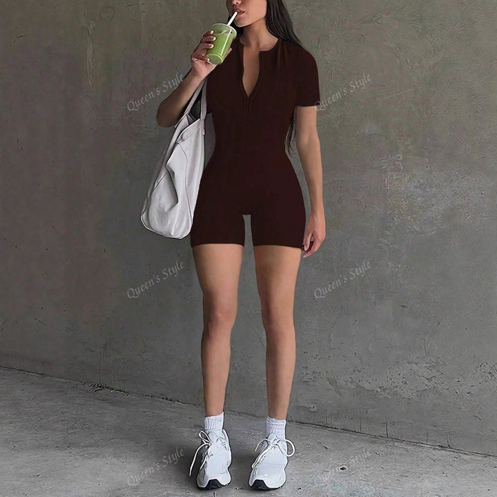 Dame Bodycon jumpsuit med kort arm og lynlås Skovae