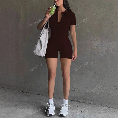 Dame Bodycon jumpsuit med kort arm og lynlås Skovae