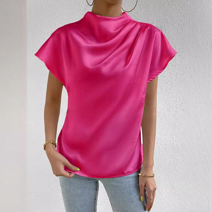 Dame Elegant satin top med innovativ krave og flydende snit Stilla