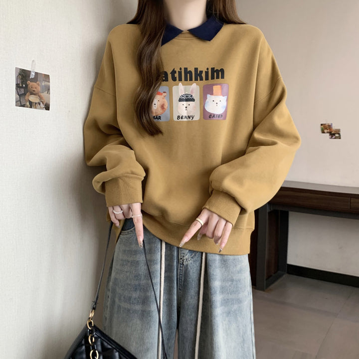 Femme Lækkert grafik-sweatshirt med kontrastkraveskilling Stilla