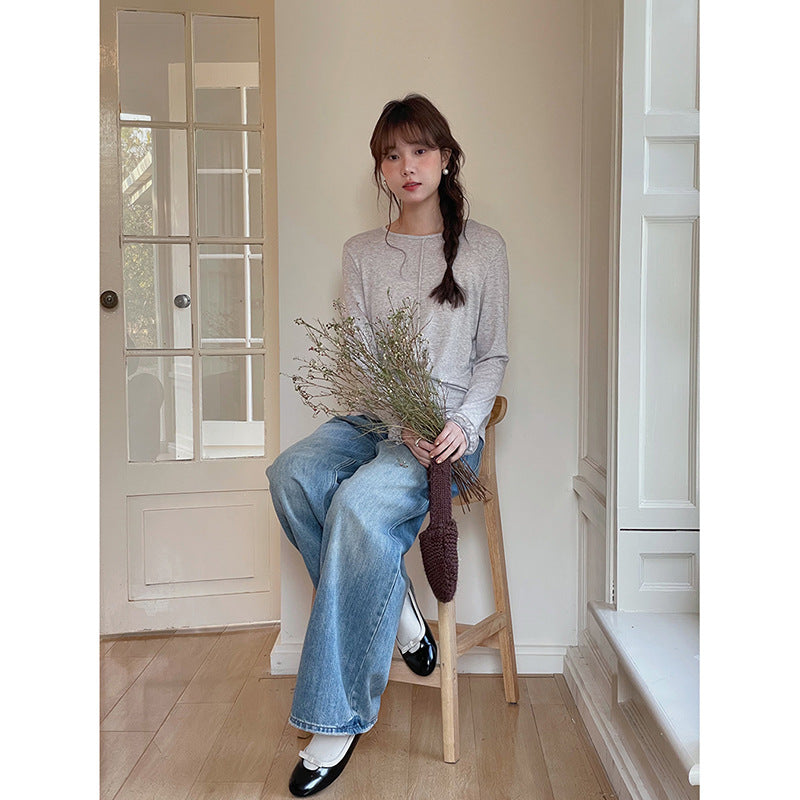 Dame brede High-Waist jeans lavet af denim med elastisk talje og moderne vaskninger Stilla