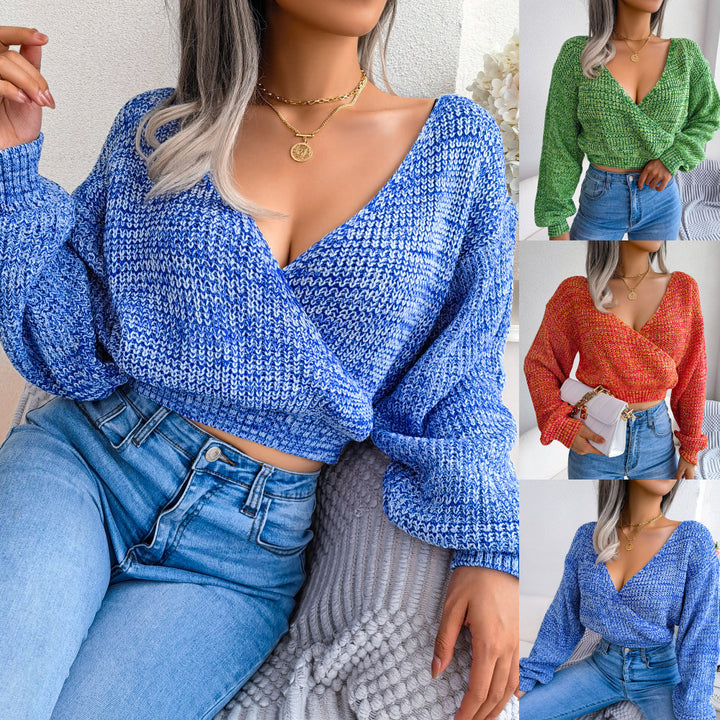 Dame Modischer Crop-Top Strikpullover med V-udskæring og brede ærmer Stilla