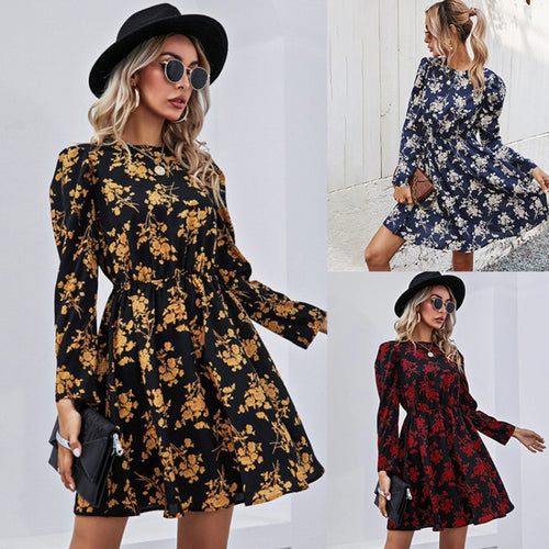 Dame Floral Print Swing Kjole med lange ærmer og talje knude Stilla