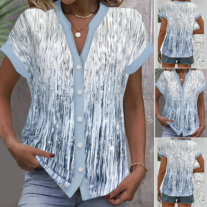 Dame kortærmet bluse med moderne stribedesign og knapdetalje Stilla
