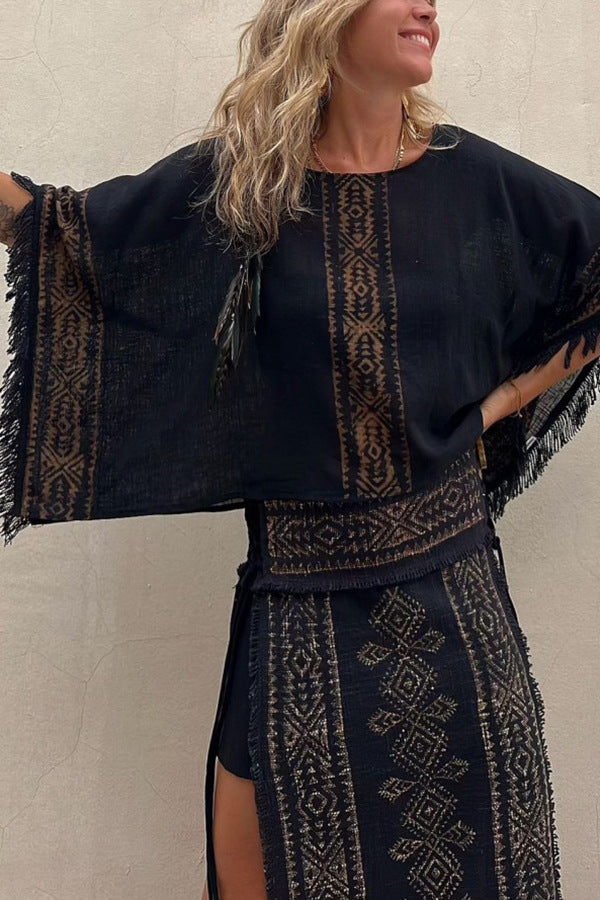 Dame Kaftan-top med folkloristiske mønstre og løse ærmer Stiila