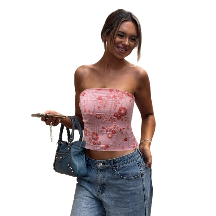 Damen eleganter Crop-Top mit Blumenstickerei und Pailletten Skovae
