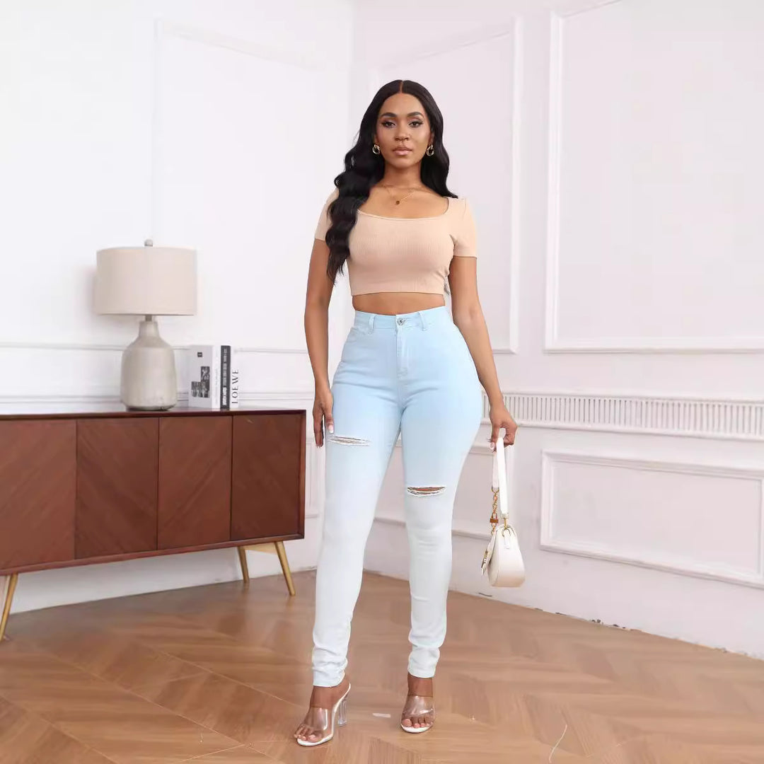 Dame Højskåret Ripped Jeans med Ombre-effekt og tætsiddende snit Stilla