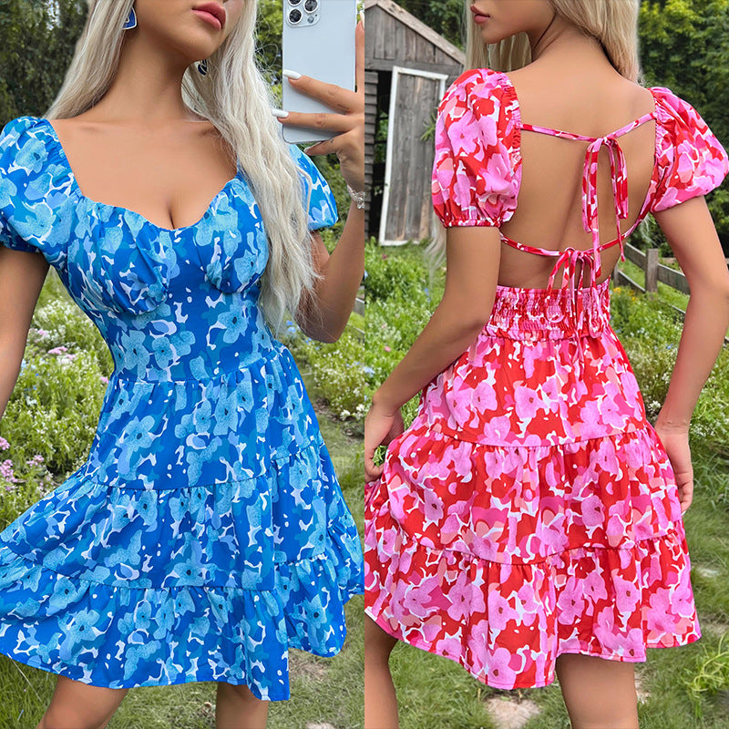 Dame Floral Print Lagdelt Mini Kjole med Puffærmer Stilla