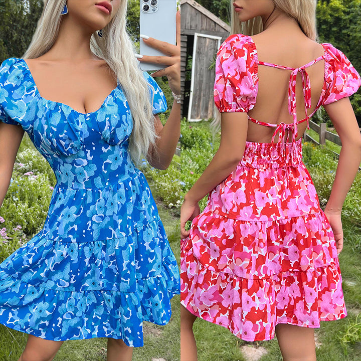 Dame Floral Print Lagdelt Mini Kjole med Puffærmer Stilla