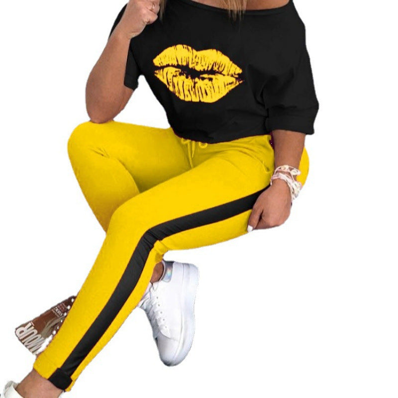 Dame Casual Grafik Læbe-tryk Top og Track Pant Sæt Stilla