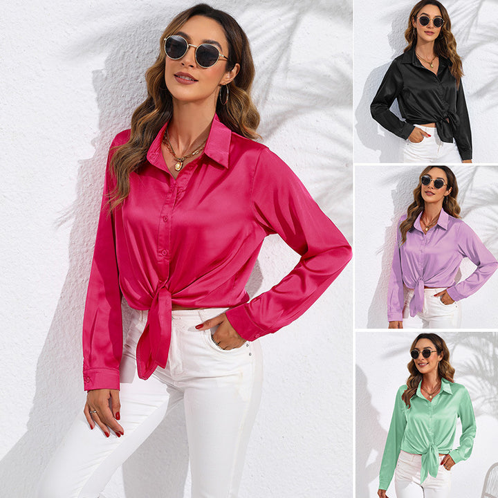 Dame Elegant Silke Bluse med knapbar Front og Sløjfe Stilla