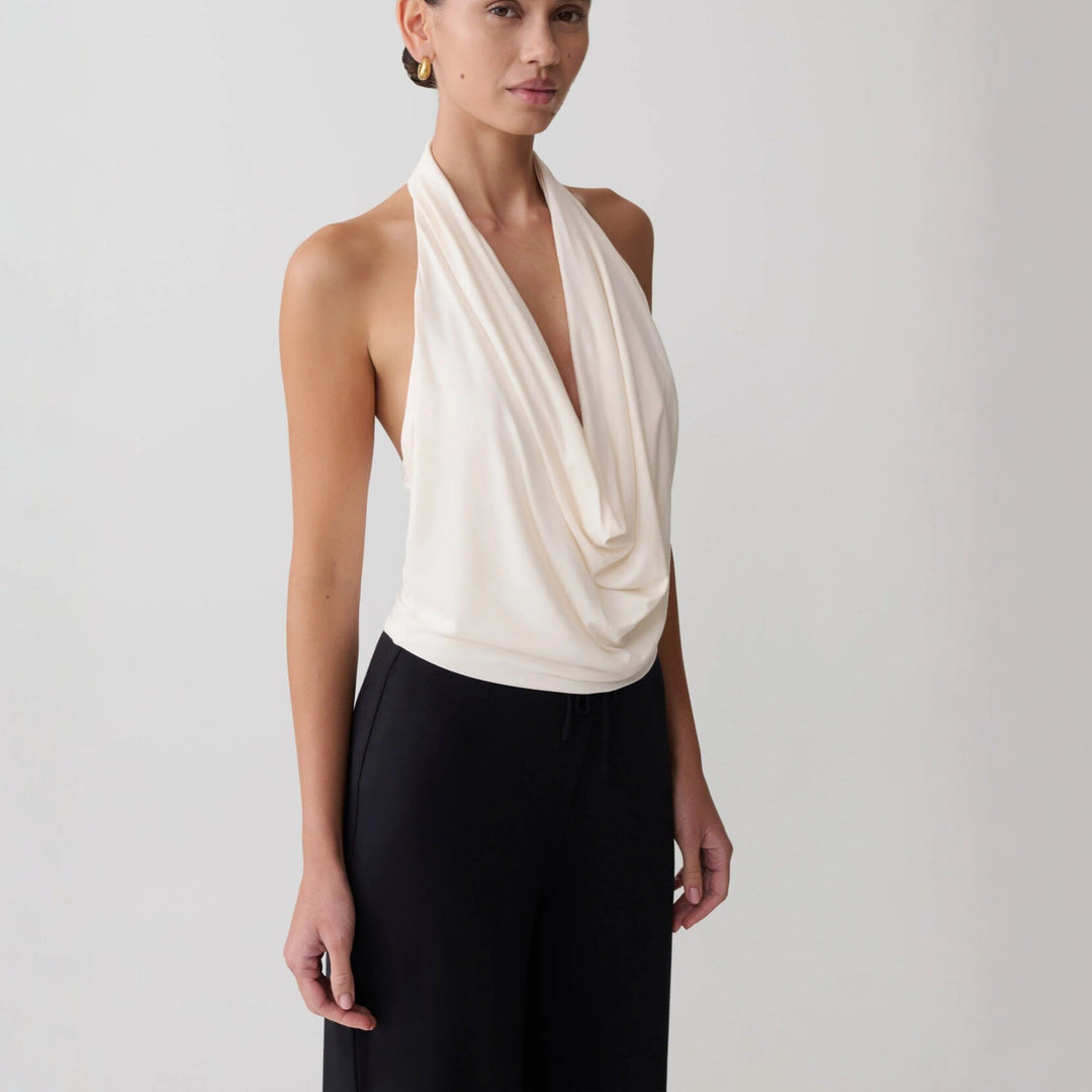 Dame Elegant Halterneck-top med flydende stof og dyb udskæring Skovae