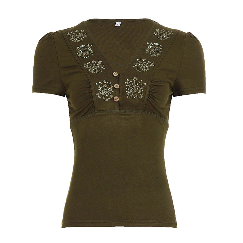 Dame T-shirt med blomstret broderi og knapdetaljer Skovae