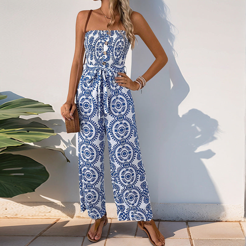 Dame strapless jumpsuit med bred ben og blomsterprint Stilla
