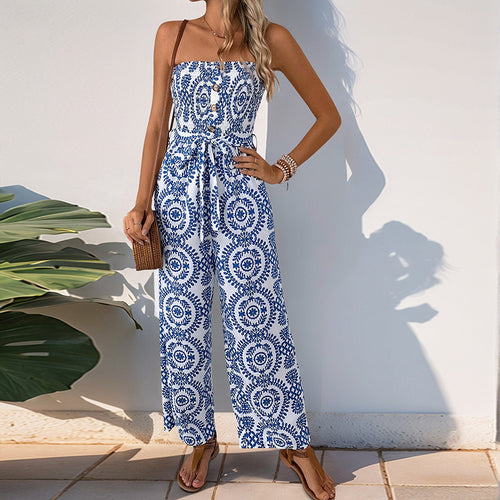 Dame strapless jumpsuit med bred ben og blomsterprint Stilla