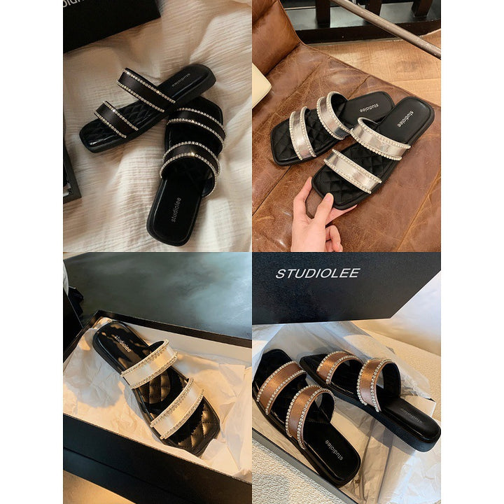 Dame quiltede Slide-sandaler med strassaccent Stilla