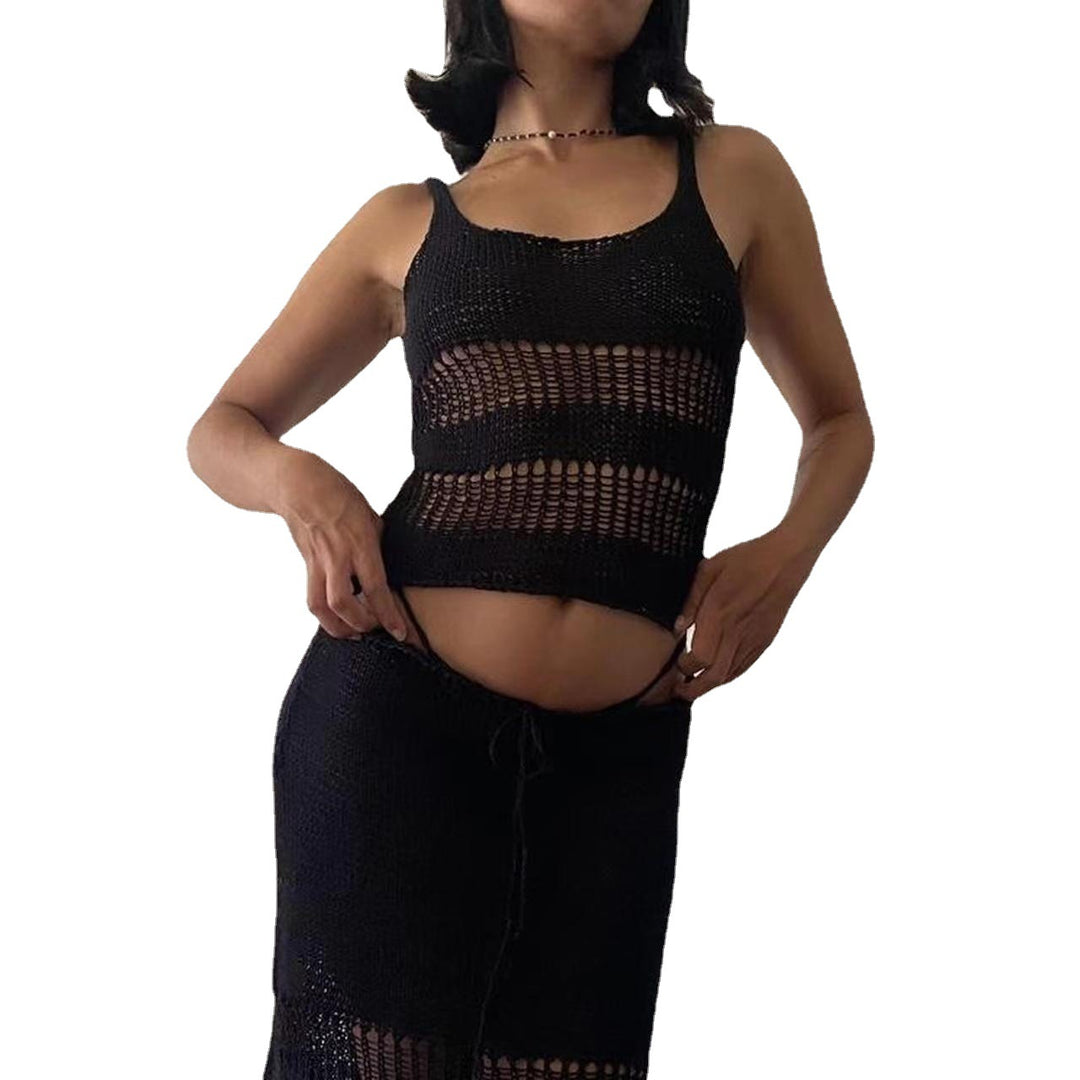 Dame strikket crop-top med luftig netstruktur Skovae