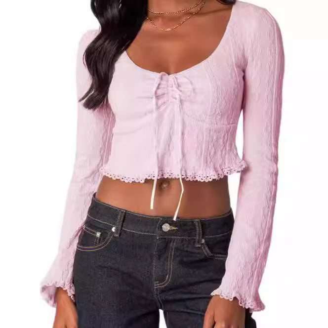 Dame Cropped Top med snørelook og blondeudsmykninger Skovae