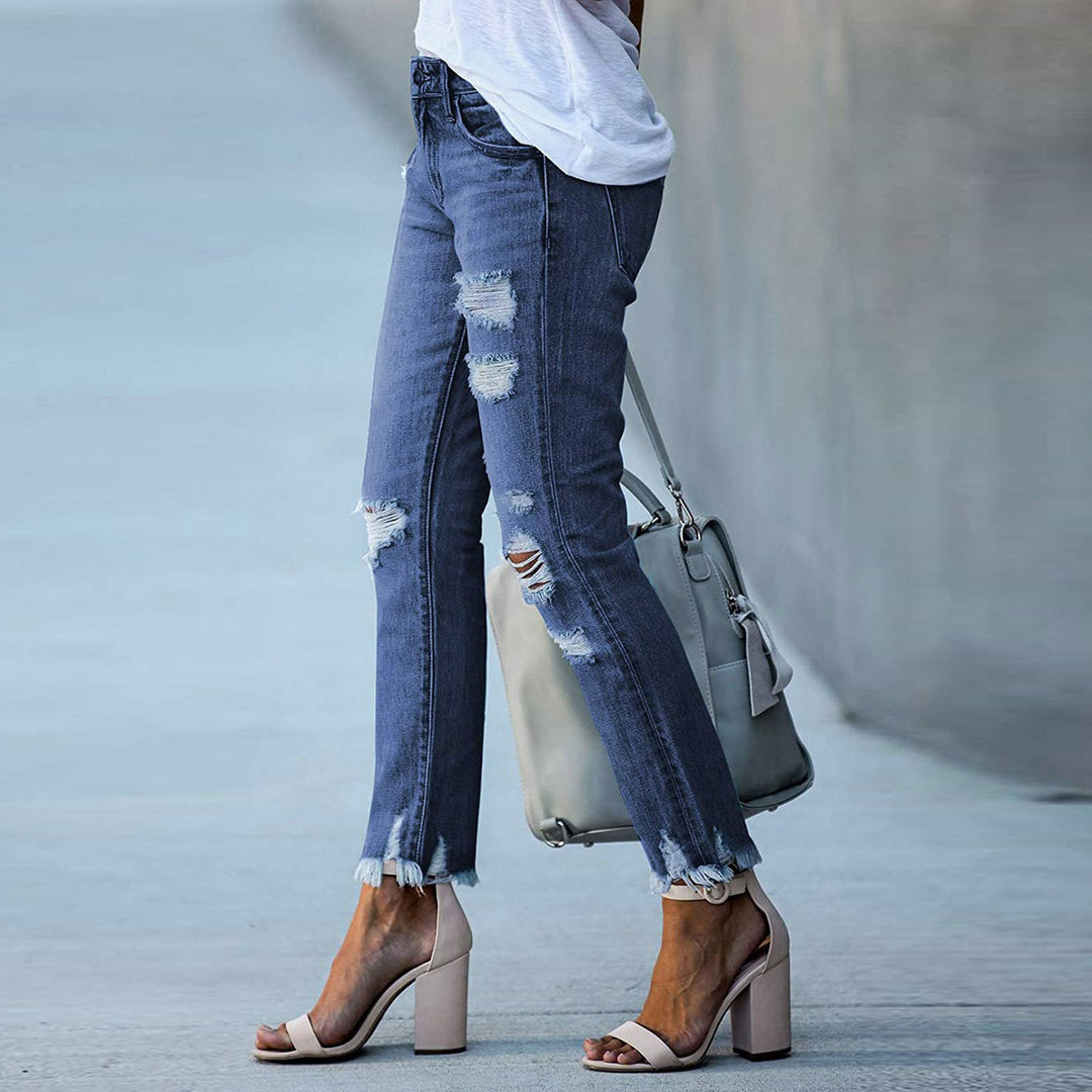 Damer Højtaljede Revne Lige Jeans med Råt Kant Stilla