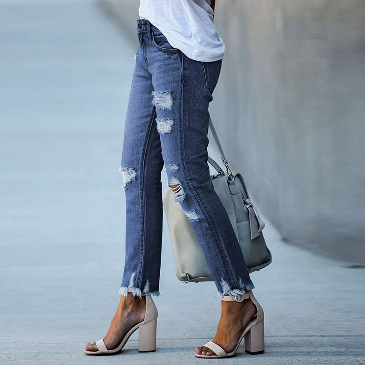 Damer Højtaljede Revne Lige Jeans med Råt Kant Stilla