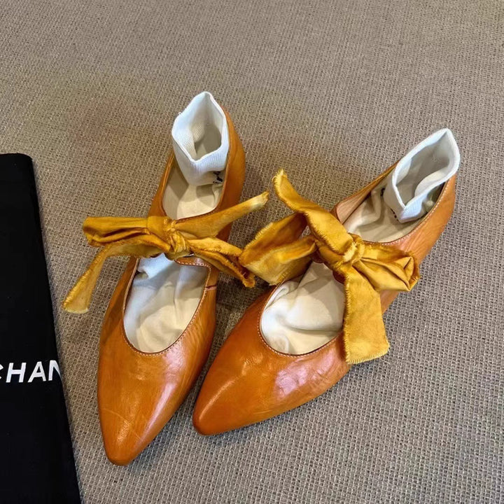 Dame Ballerina Flade Sko med Spids Tåområder og Dekorativ Sløjfebånd Stilla