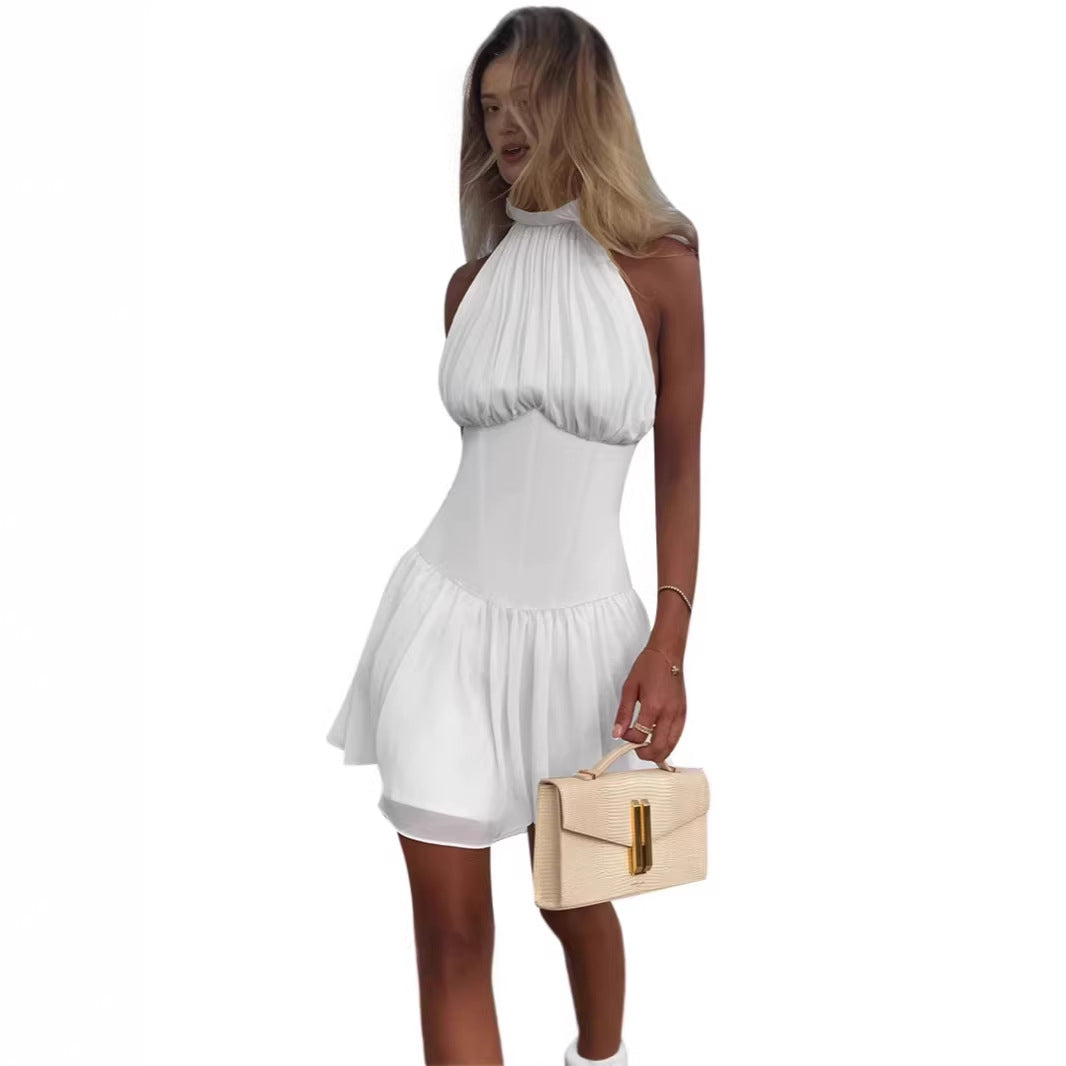 Dame off-shoulder minikjole med elegant halterneck og svingende skørt Skovae