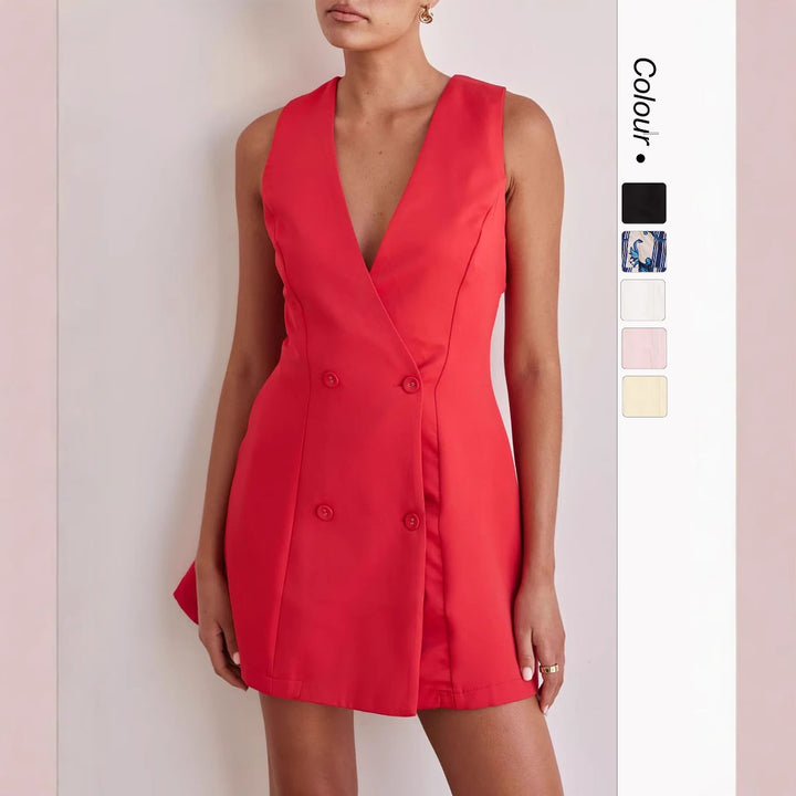 Women's reversible dress with deep V-neckline and double button placket Skovae
