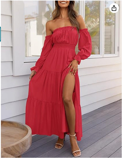 Dame maxikjole med off-shoulder design og voluminøse ærmer Stilla