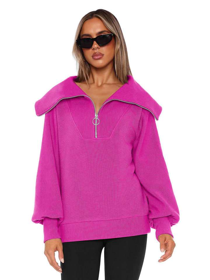 Dame Oversized Sweatshirt med elegant krave og lynlås Stilla