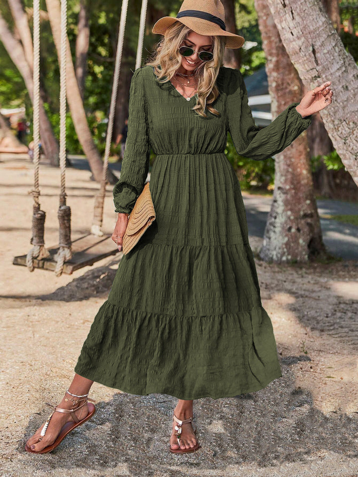 Dame elegant Maxi-kjole med V-udskæring og flæser Stilla