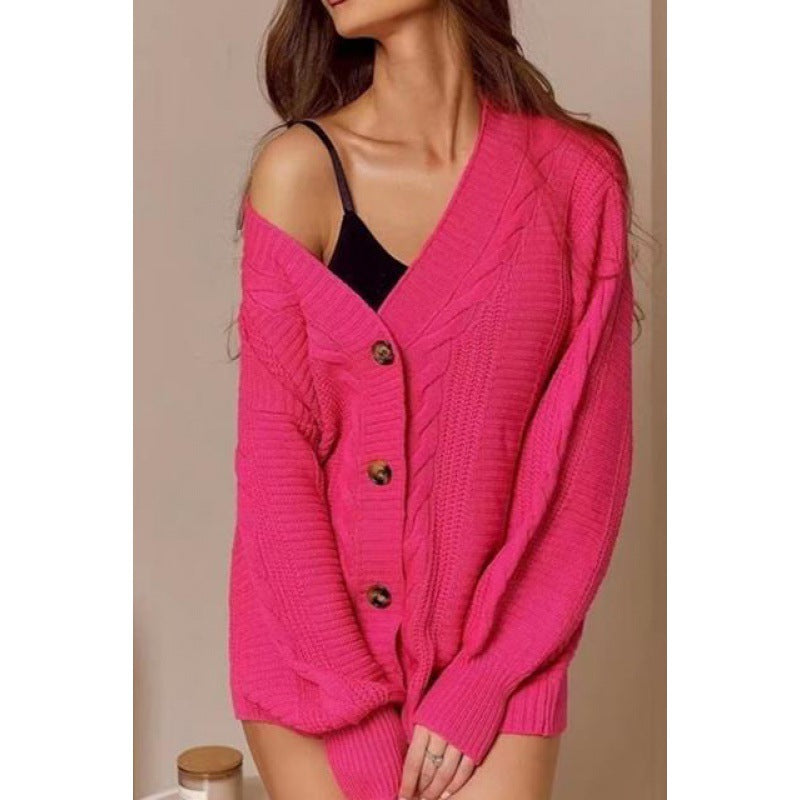 Kvinders chunky strikket cardigan med store knapper og voluminøse ærmer Stilla