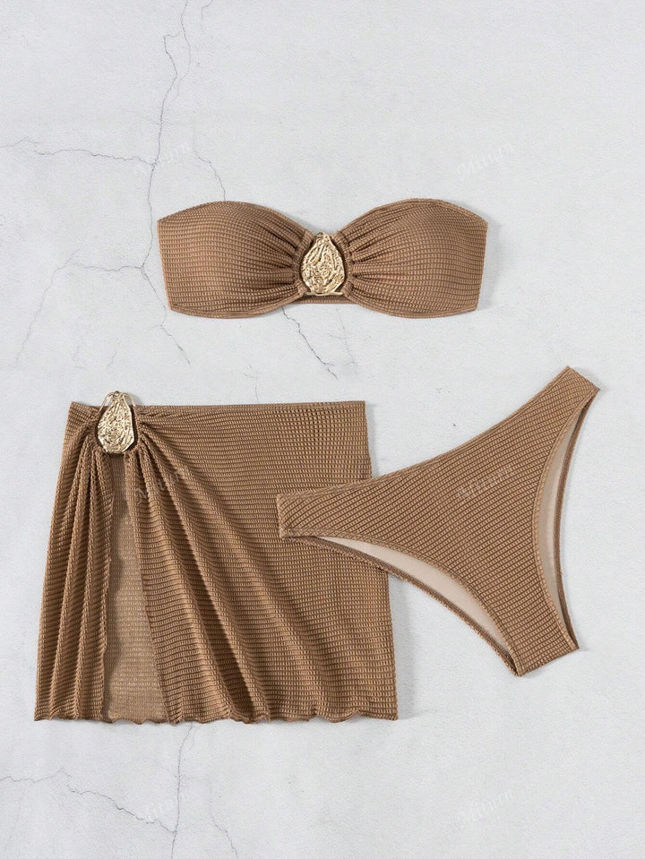Dame bandeau-bikini med raffineret nederdel Skovae