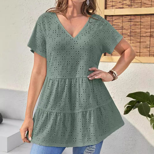 Dame V-hals bluse skjorte med flæsedetaljer Stilla