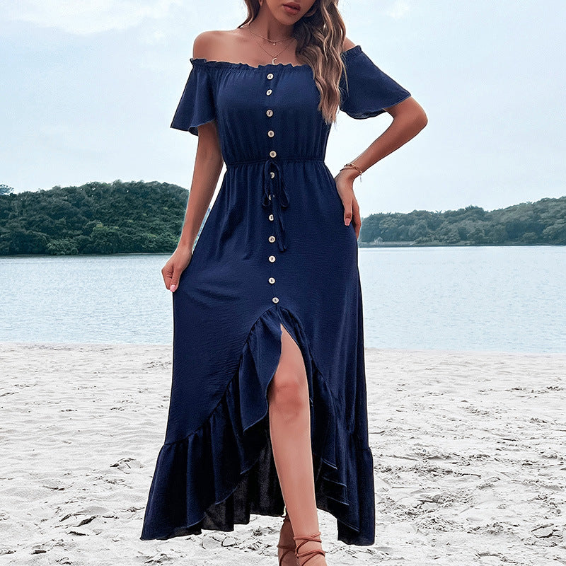 Dame Off-Shoulder Knaplukning Maxikjole med Flæsekanter Stilla
