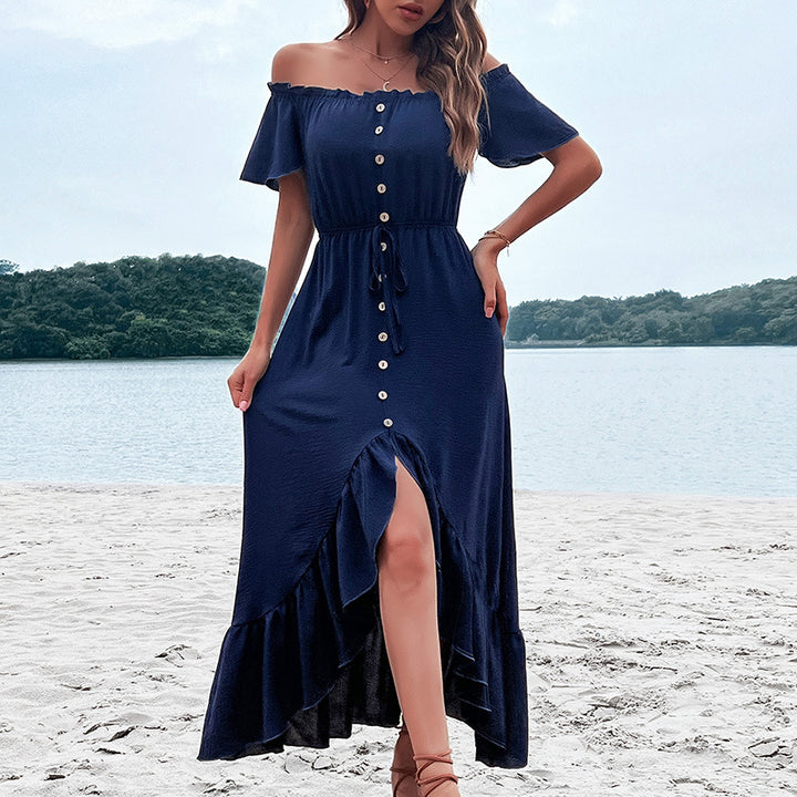 Dame Off-Shoulder Knaplukning Maxikjole med Flæsekanter Stilla