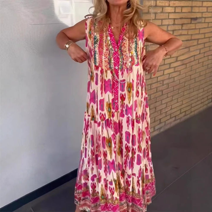 Dame Maxikjole med farverigt mønster og elegant broderi Stilla