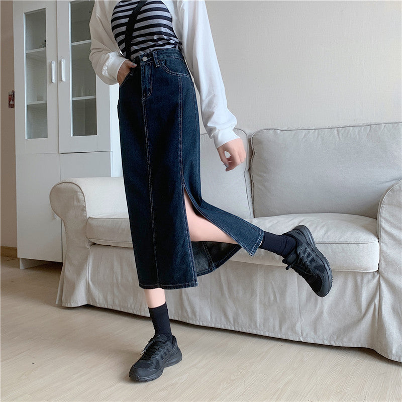 Dame Lang Denim Nederdel med Sideslids Stilla