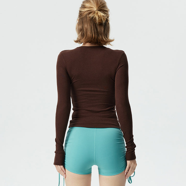 Dame figursyet Langærmet Crop-Top i høj kvalitets strækmateriale med Rundhalsudskæring Stilla