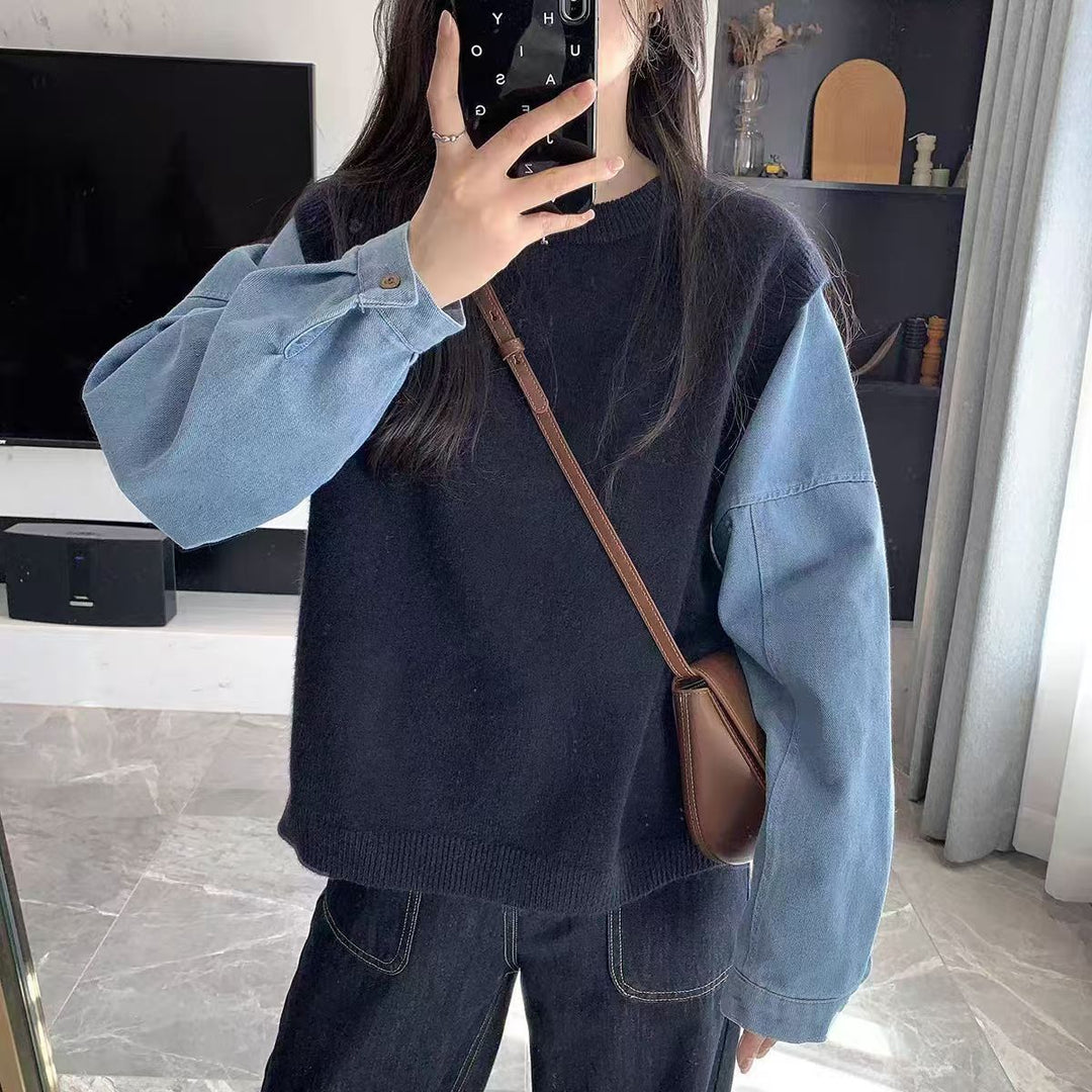 Dame Strik Sweater med Denim Ærmer Stilla