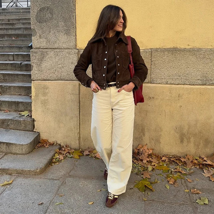 Kvinders Mode Suede Jakke med Praktiske Lommer Stilla