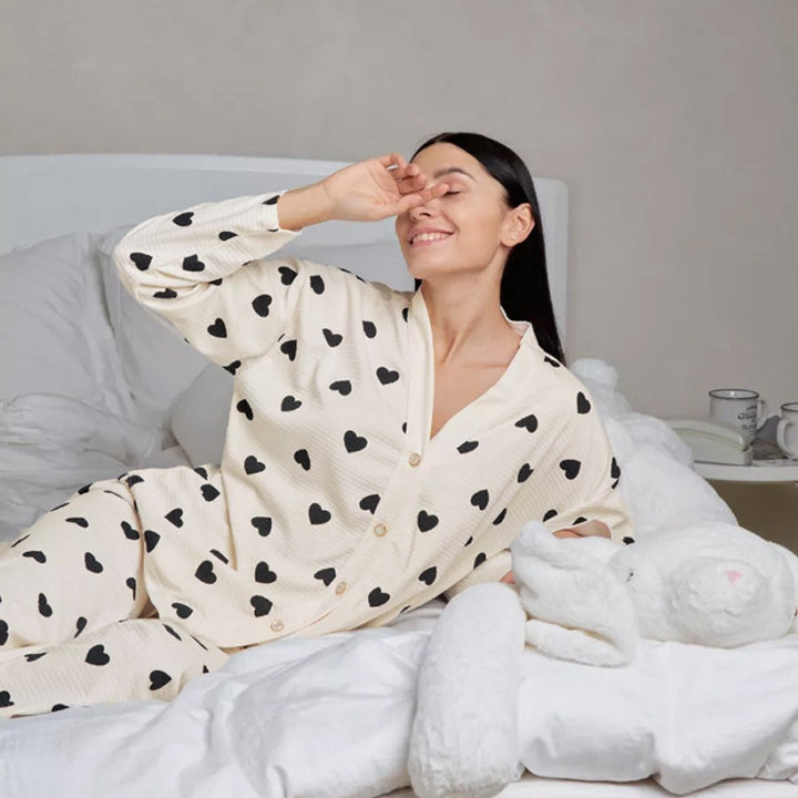 Femme Cozy Hjerte Tryk Loungewear Sæt Stilla