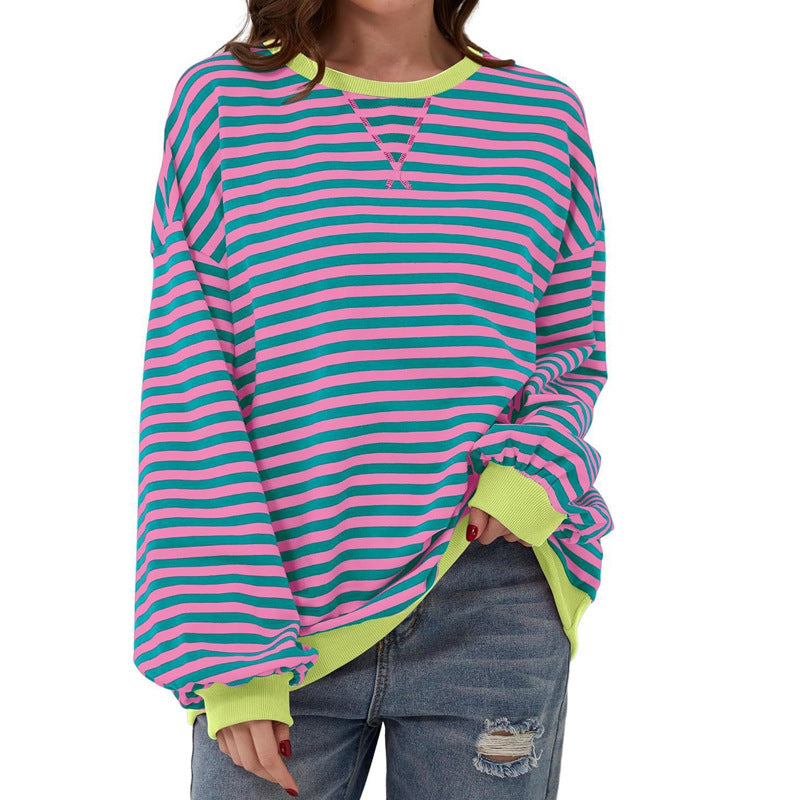 Femme Cozy Overdimensioneret Stripet Pullover Sweatshirt Stilla