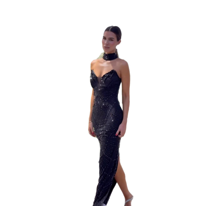 Dame Glamourøs Aftenkjole med Glitrende Detaljer og Slim Fit