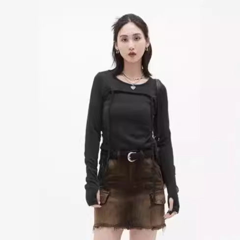Dame Langærmet Crop-Top med justerbar snor Skovae