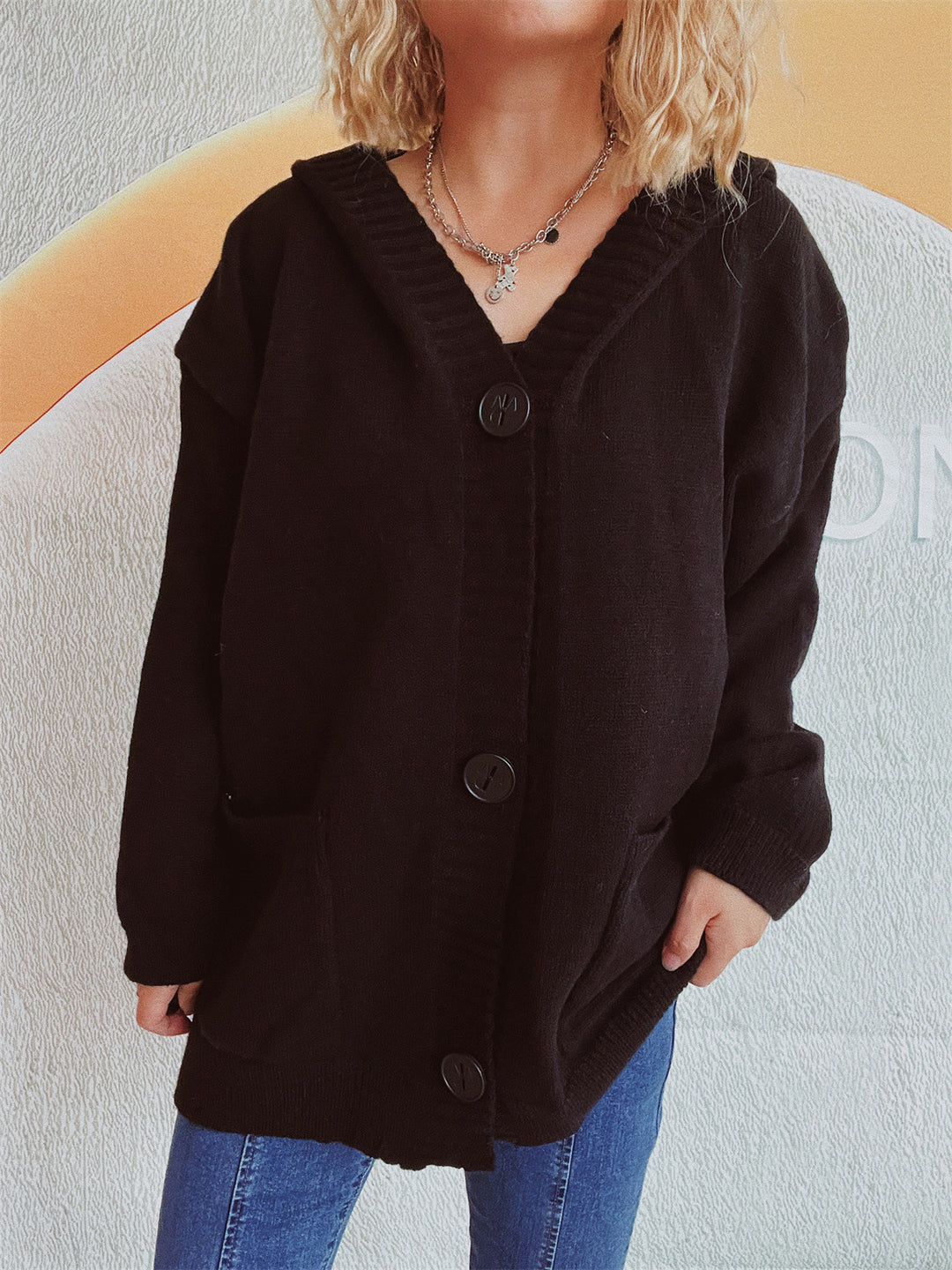 Damer hyggelig cardigan med hætte og klaplommer Stilla