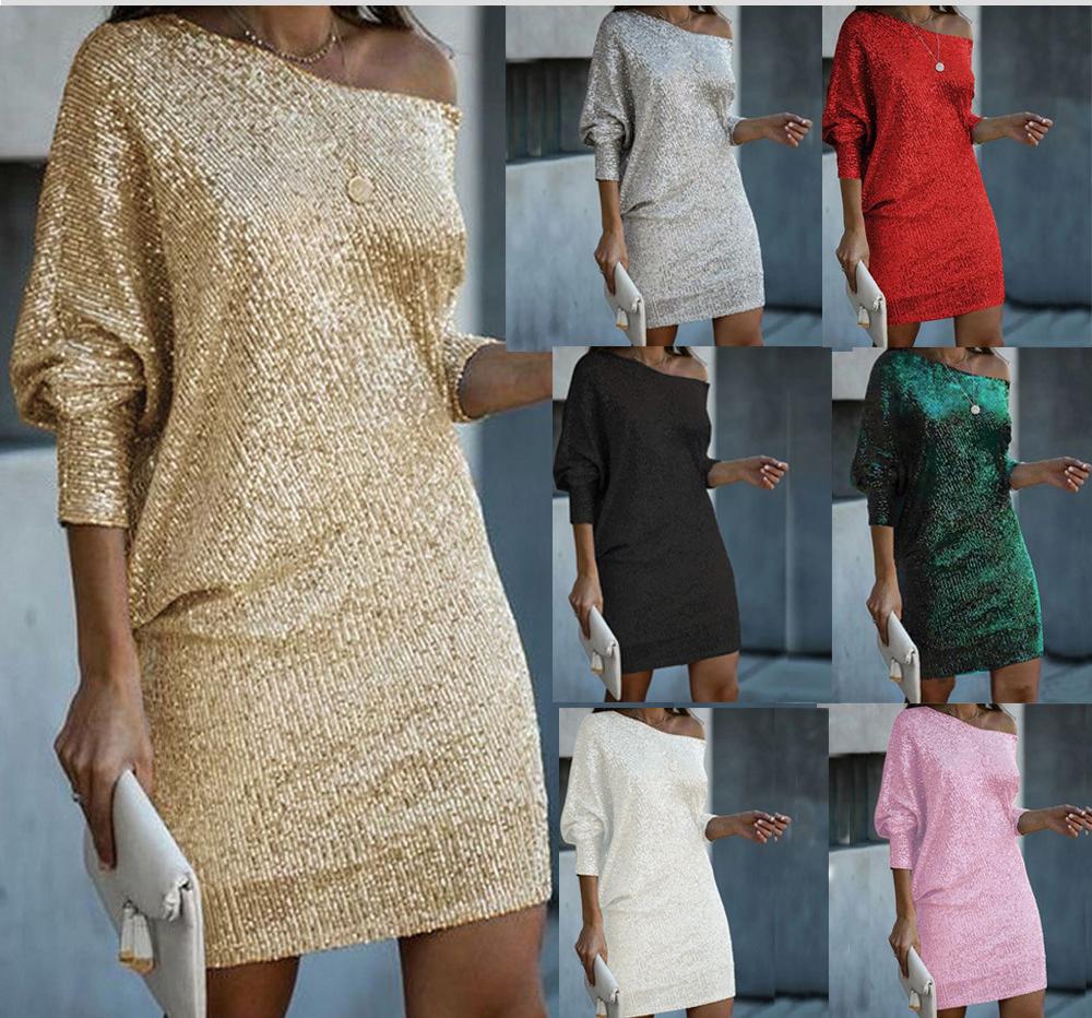 Dame Skinnende Strikkjole med skuldrene fri design og glitrende accenter Stilla