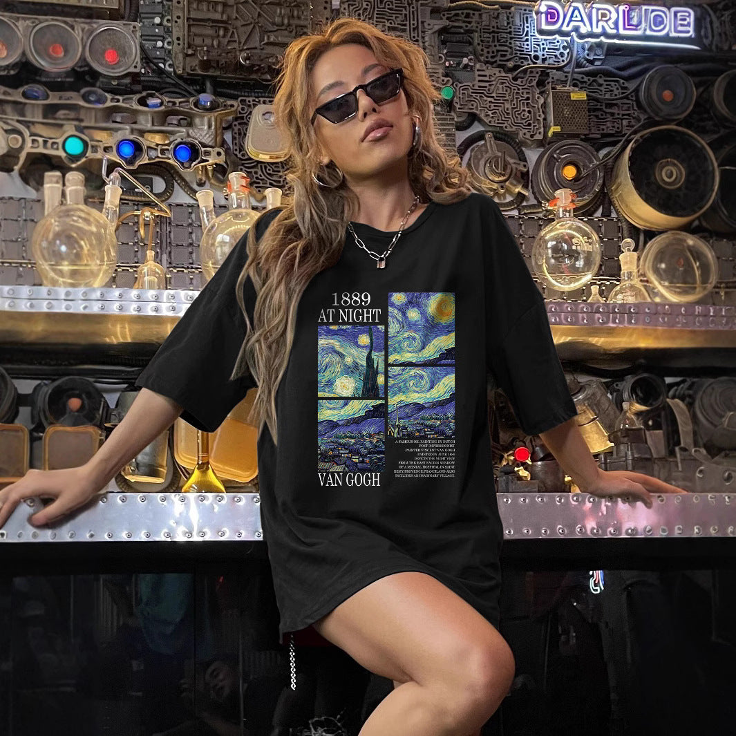 Dame Oversized T-shirt med kunstnerisk Van Gogh tryk Stilla