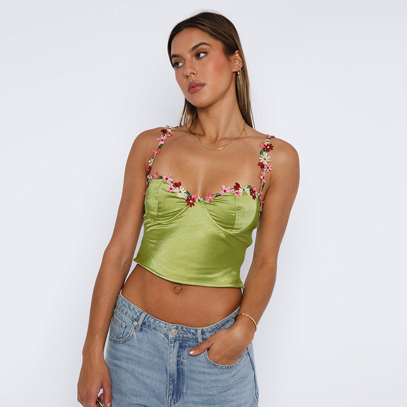 Damer Floral Udsmykket Velour Crop Top Stilla